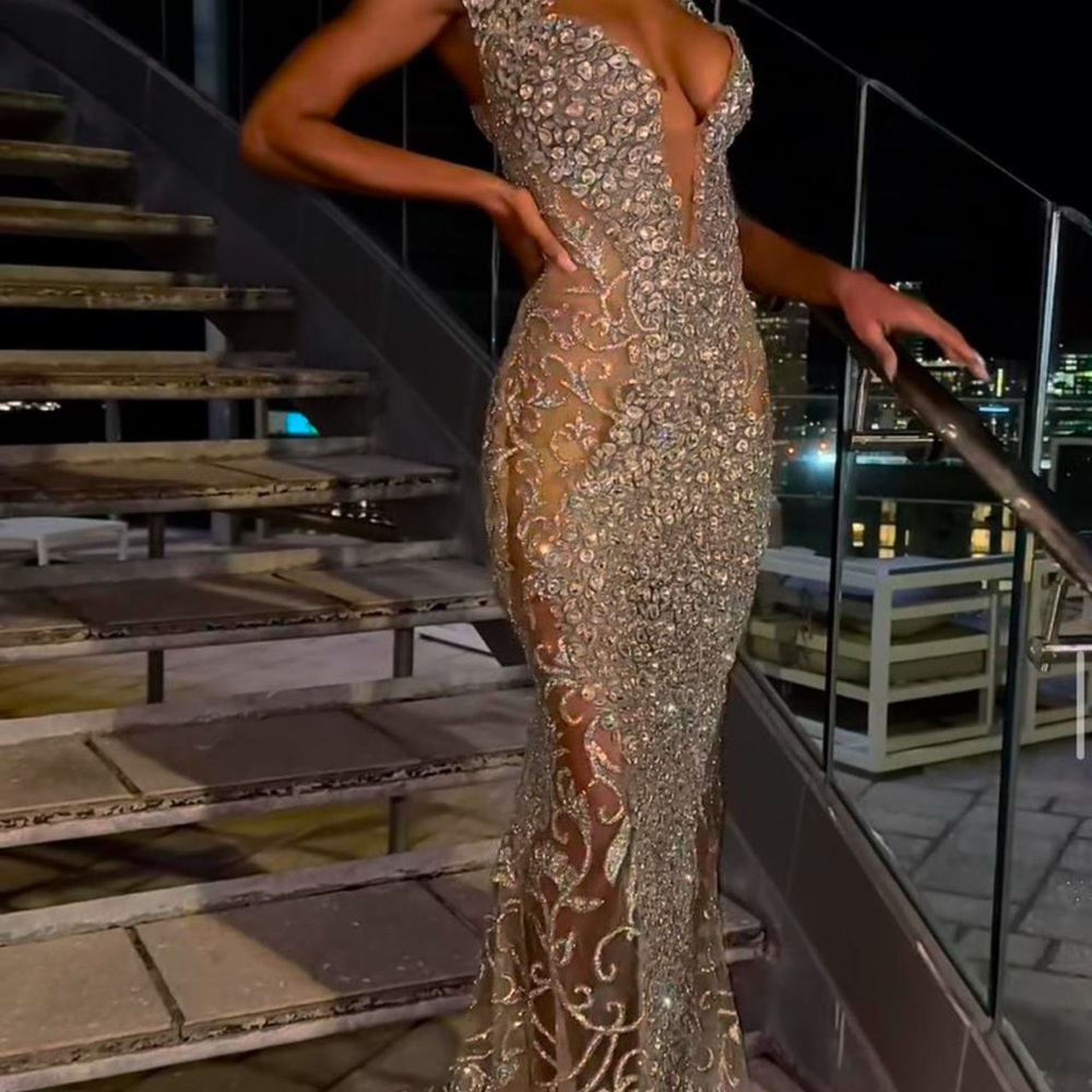 Gold Sequin Embellished Plunge Gown for Prom